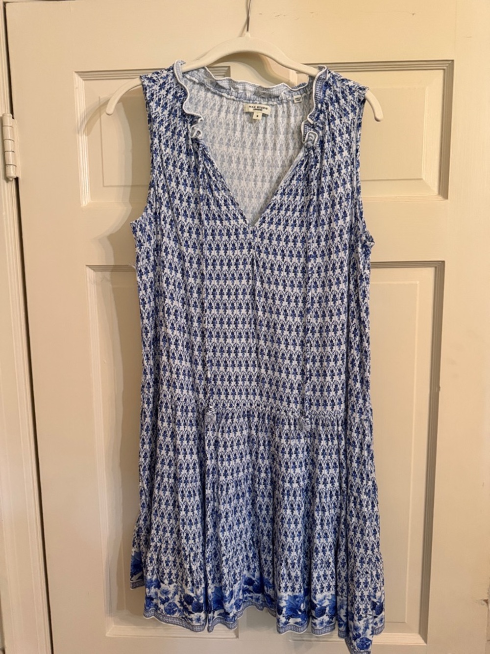 Max Studio Blue Printed Ruffle V-Neck Mini Dress
